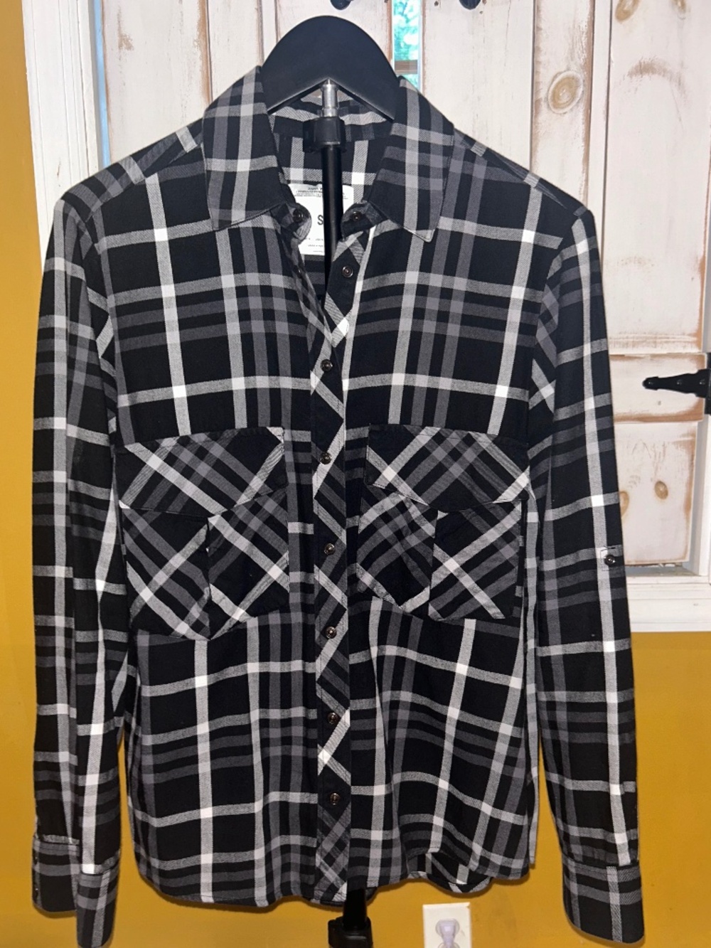 Zara Woman Plaid Snap Button Shirt Black Gray White Check Long Sleeve Size Small